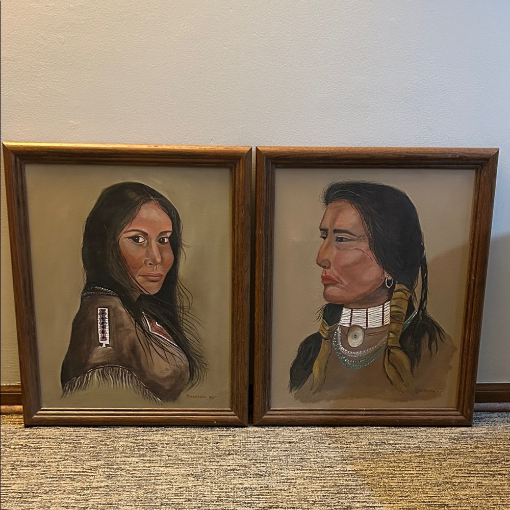 set of two framed vintage portraits depicting Native American figures